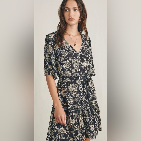 Faherty Chocolate Brown Floral Dress Orinda Crepe Ruffle Boho XL - No Tie - Picture 3 of 12